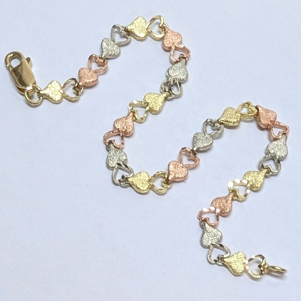 NIB Solid 14kt Tri-Color Gold Heart Bracelet 7"